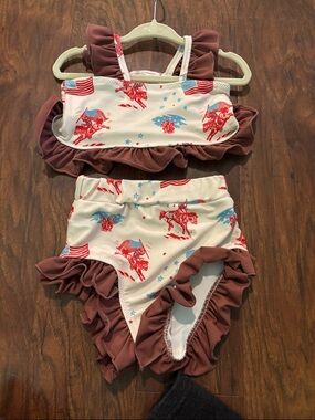 Girls' Western Ruffle Two-Piece Swim Bikini with Red & Blue Print